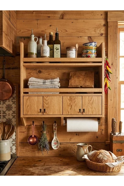 Büyük Boy Ahşap Peçeteli Terek Bardak Baharatlık Rafı Geniş Raf Ölçülü ürün görseli 1