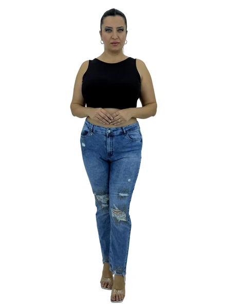 Büyük Beden Denim Taşlı Yırtık Yıpratma Detaylı Dar Paça Kadın Pantolon ürün görseli 1