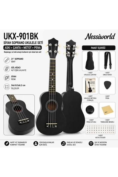 Siyah Soprano Ukulele Seti (Askı + Çanta + Metot + Pena) ürün görseli 1