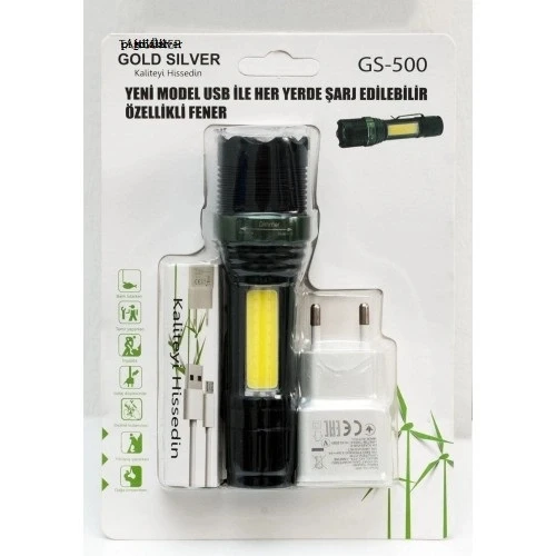 Metal El Feneri USB Şarjlı 4 Kademeli Zoomlu GS 500 ürün görseli 1