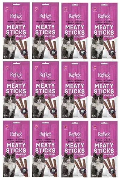 Reflex Plus Meaty Sticks Tavuk ve Kızılcıklı Kısırlaştırılmış Kedi Ödül Çubuğu 15gr (3lü) x 12 Paket ürün görseli 1