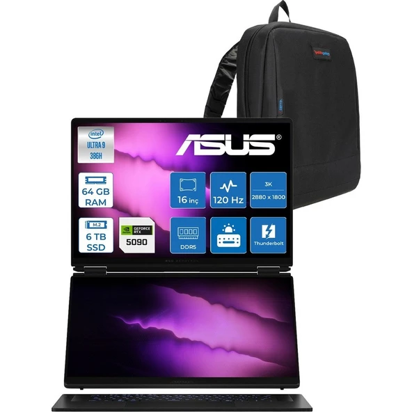 Asus Rog Zephyrus Duo (2026) Intel Core Ultra 9 386H 64GB Ddr5 6tb Freedos Geforce Rtx 5090 24GB Çift Ekran 16" Dokunmatik 3k (2880 x 1800) OLED 120Hz 0.2ms GX651AXSR051WF04 + Zetta Çanta ürün görseli 1