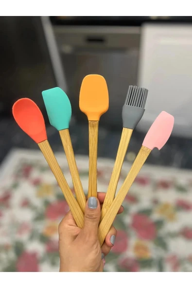 5'li Renkli Ahşap Saplı  Uçlu Spatula Fırçalı Kaşık Seti -Yemek Hazırlık Seti 21 Cm ürün görseli 1