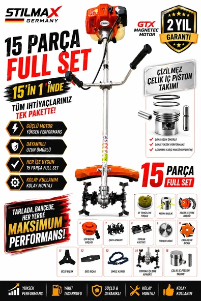 GXT Germany 15IN1 Benzinli Yan Tip Tırpan Çapa Makinesi Çelik Pistonlu Full Set + Akrobat Çapalama ürün görseli 1