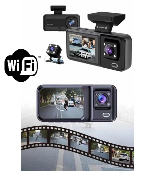 Araç Kamerası - 3 Kameralı Wifi Ön , İç ve Arka Full HD DVR Araç İçi Ekranlı Kamera ürün görseli 1