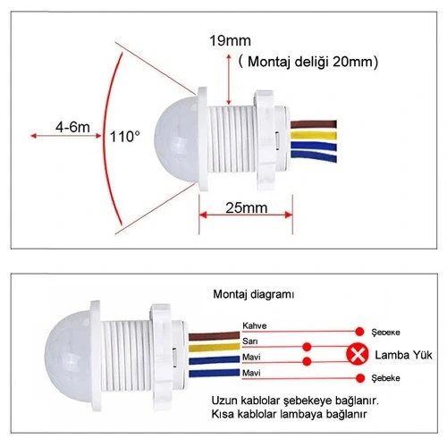 220V Hareket Pır Sensörü - Otomatik Lamba Sensörü 25cm Kablolu - Resim 8