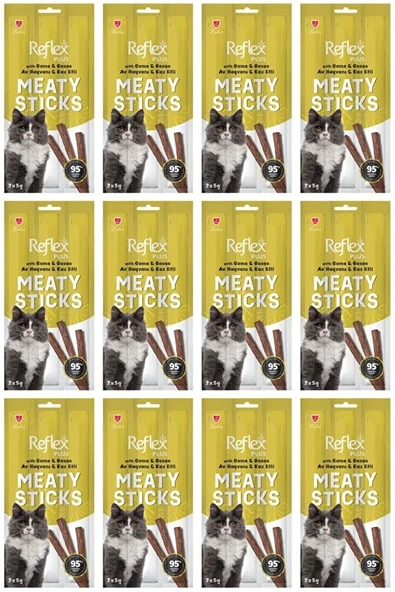 Reflex Plus Meaty Sticks Av Hayvanlı ve Kaz Etli Tahılsız Kedi Ödül Çubuğu 15gr (3'lü) x 12 Adet ürün görseli 1