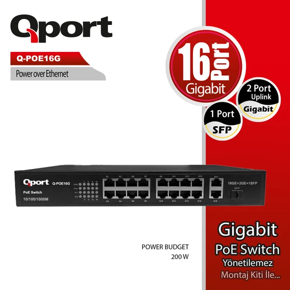 QPORT Q-POE16G 16 PORT 10/100/1000 16 PORT POE 2 PORT UPLINK + 1 SFP 200W YONETILEMEZ DESKTOP SWITCH ürün görseli 1