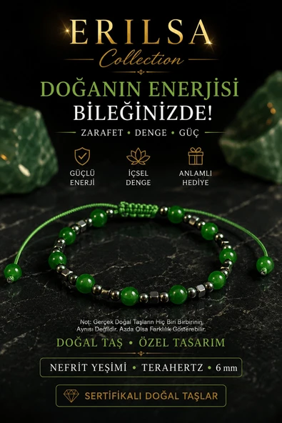 SERTİFİKALI ERILSA Nefrit Yeşimi Terahertz Doğal Taş Bileklik 6 mm El Yapımı Ayarlanabilir ürün görseli 1