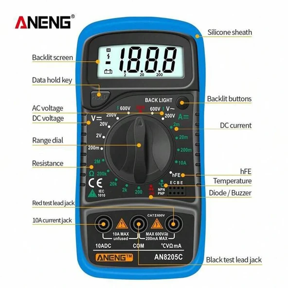 Aneng AN8205C Dijital Multimetre (Mavi) - Resim 3