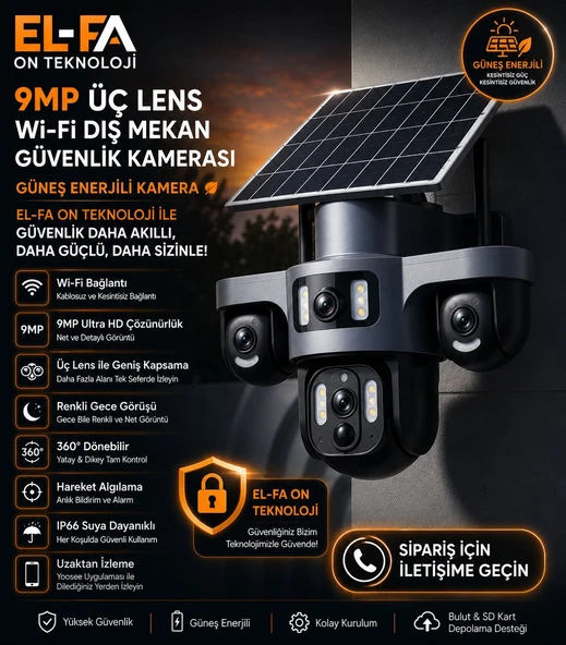 ELFA ON TEKNOLOJİ 4G / 4K 3 KAMERALI SOLAR UZAKTAN KONTROLLÜ GÜNEŞ ENERJİLİ AKILLI GÜVENLİK KAMERASI ürün görseli 1