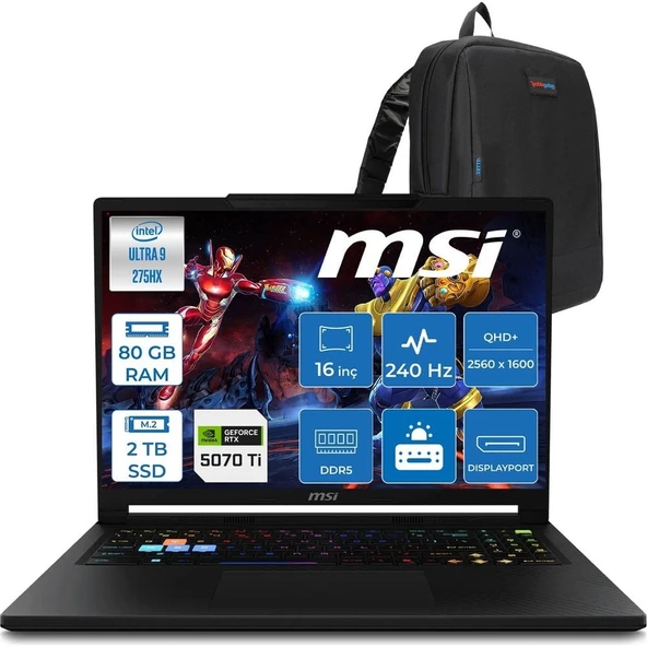 MSI Msı Raider 16 Hx B2WH-091TR Intel Ultra 9 275HX Aı 80GB Ddr5 2tb SSD 12GB/RTX5070Tİ 140W 16" QHD+(2560X1600), 240Hz IPS 100% Dcı-P3 Freedos Gaming Laptop MSW091TRF37+ZETTAÇANTA ürün görseli 1