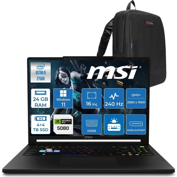 MSI Msı Raider 16 Hx B2WI-021TR Intel Ultra 9 275HX Aı 24GB Ddr5 4tb Ssd+4tb SSD 16GB/RTX5080 175W 16" QHD+(2560X1600), 240Hz IPS 100% Dcı-P3 WINDOWS11PRO Gaming Laptop MSW021TRP08+ZETTAÇANTA ürün görseli 1