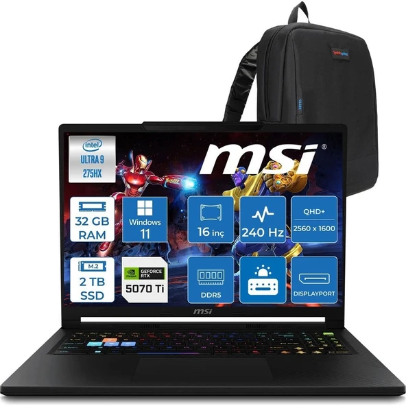 MSI Msı Raider 16 Hx B2WH-091TR Intel Ultra 9 275HX Aı 32GB Ddr5 2tb SSD 12GB/RTX5070Tİ 140W 16" QHD+(2560X1600), 240Hz IPS 100% Dcı-P3 WINDOWS11PRO Gaming Laptop MSW091TRP13+ZETTAÇANTA ürün görseli 1