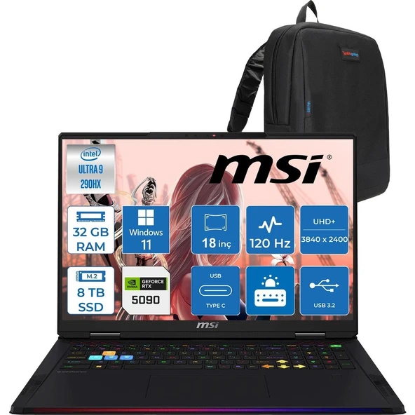 MSI Raider 18 Max Hx A2WJ-1059TR Intel Core Ultra 9 290HX Plus 32GB Ddr5 8tb SSD Rtx 5090 24GB 175W Windows 11 Pro 18” Uhd+ (3840X2400) Miniled 120HZ IPS Oyuncu Bilgisayarı 1059TRP05 + Zetta Çanta ürün görseli 1