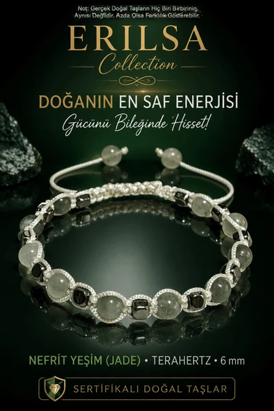 ERILSA Sertifikalı Nefrit Yeşim (Jade) Taşı Bileklik 6 mm Ayarlamalı El Yapımı Doğal Taş Bileklik ürün görseli 1