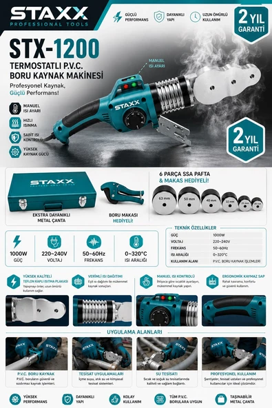 Termostatlı PVC Boru Kaynak Makinesi 1000W Profesyonel PPRC Kaynak Seti 20-63mm 6Pafta Metal Çantalı ürün görseli 1