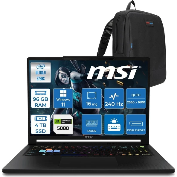 MSI Msı Raider 16 Hx B2WI-021TR Intel Ultra 9 275HX Aı 96GB Ddr5 4tb SSD 16GB/RTX5080 175W 16" QHD+(2560X1600), 240Hz IPS 100% Dcı-P3 WINDOWS11PRO Gaming Laptop MSW021TRP47+ZETTAÇANTA ürün görseli 1