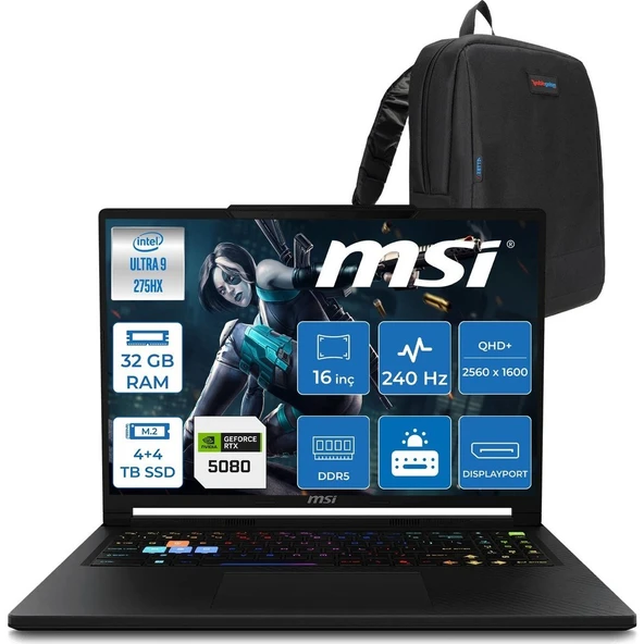 MSI Msı Raider 16 Hx B2WI-021TR Intel Ultra 9 275HX Aı 32GB Ddr5 4tb Ssd+4tb SSD 16GB/RTX5080 175W 16" QHD+(2560X1600), 240Hz IPS 100% Dcı-P3 Freedos Gaming Laptop MSW021TRF16+ZETTAÇANTA ürün görseli 1