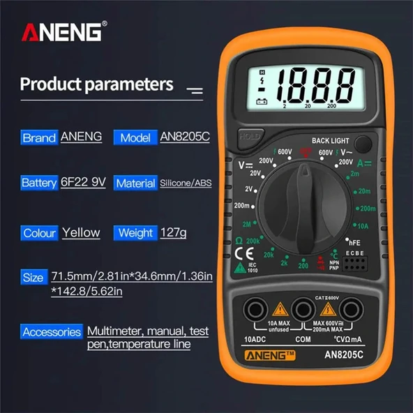 Aneng AN8205C Dijital Multimetre (Sarı) - Resim 7