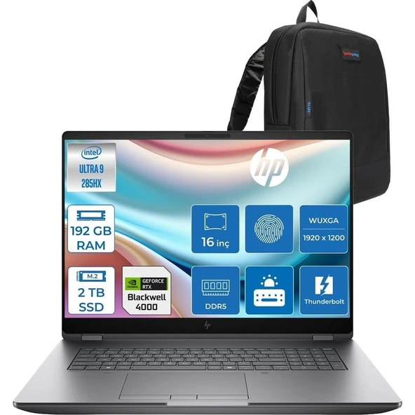 HP Zbook Fury G1I Intel Ultra 9 285HX Ddr5 192GB 2tb SSD 16GB/RTXPRO4000 Blackwell Wuxga (1920 x 1200) IPS 400NIT Wi-Fi7+Bt 5.4 Windows 11 Pro Aı Iş Istasyonu 5F9Q9ESP47 + Zettaçanta ürün görseli 1