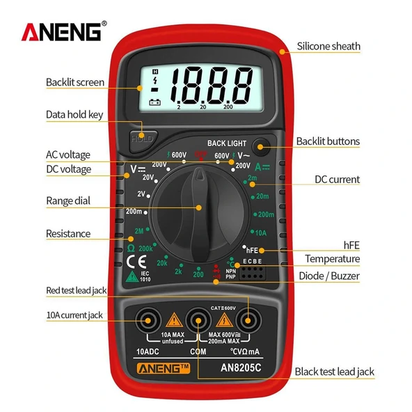 Aneng AN8205C Dijital Multimetre (Kırmızı) ürün görseli 1