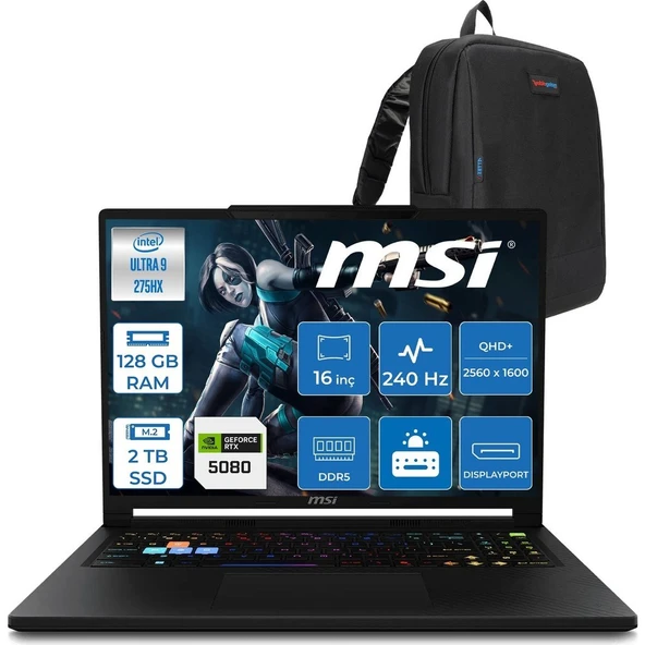 MSI Msı Raider 16 Hx B2WI-021TR Intel Ultra 9 275HX Aı 128GB Ddr5 2tb SSD 16GB/RTX5080 175W 16" QHD+(2560X1600), 240Hz IPS 100% Dcı-P3 Freedos Gaming Laptop MSW021TRF53+ZETTAÇANTA ürün görseli 1