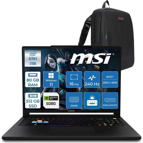 MSI Msı Raider 16 Hx B2WI-021TR Intel Ultra 9 275HX Aı 80GB Ddr5 512GB SSD 16GB/RTX5080 175W 16" QHD+(2560X1600), 240Hz IPS 100% Dcı-P3 WINDOWS11PRO Gaming Laptop MSW021TRP33+ZETTAÇANTA ürün görseli 1