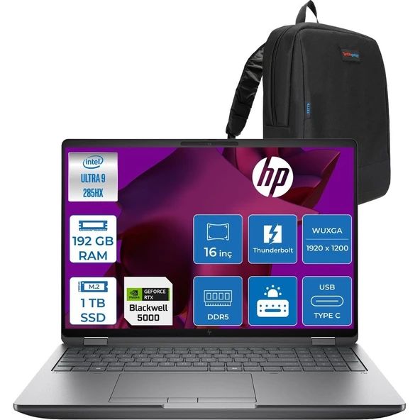 HP Zbook Fury G1I Intel Ultra 9 285HX Ddr5 192GB 1tb SSD 24GB/RTXPRO5000 Wuxga 400NITWi-Fi 7+Bt 5.4 Windows 11 Pro Aı Iş Istasyonu 5F9T8ESP46 + Zettaçanta ürün görseli 1