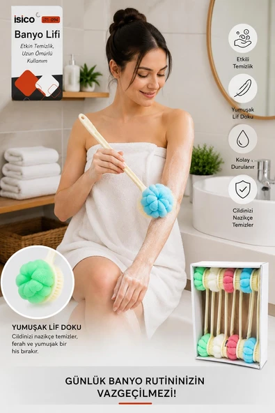 Saplı Banyo Lifi ve Duş Fırçası Çift Taraflı Uzun Saplı Banyo Kesesi 38 cm ürün görseli 1