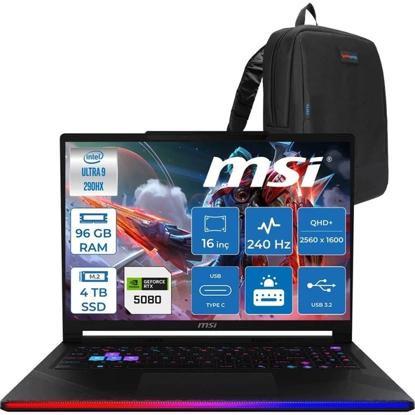 MSI Raider 16 Max Hx OLED B2WI-092TR Intel Core Ultra 9 290HX Plus 96GB Ddr5 4tb SSD Rtx 5080 16GB 175W Freedos 16” Qhd+ (2560X1600) 240Hz Oyuncu Bilgisayarı 092TRF23 + Zetta Çanta ürün görseli 1
