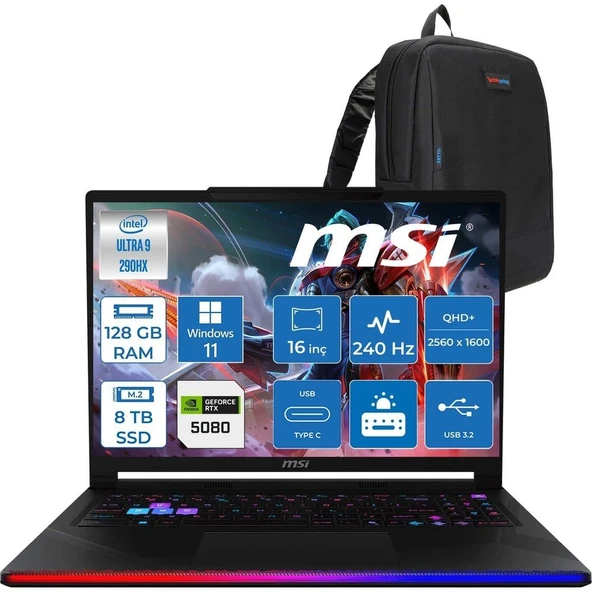 MSI Raider 16 Max Hx OLED B2WI-092TR Intel Core Ultra 9 290HX Plus 128GB Ddr5 8tb SSD Rtx 5080 16GB 175W Windows 11 Pro 16” Qhd+ (2560X1600) 240Hz Oyuncu Bilgisayarı 092TRP30 + Zetta Çanta ürün görseli 1