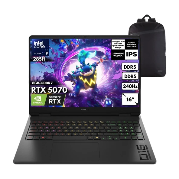 HP Omen Slim Ultra 9-285H 64-Gbddr5 2 Tbssd RTX5070 (8gb-Gddr7) 16" Wqxga Windows 11 Pro + Hmf Sırt Çantası CD7J6EAHMF10 ürün görseli 1