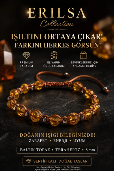 SERTİFİKALI ERILSA Baltık Topaz Terahertz Doğal Taş Bileklik 8 mm Ayarlanabilir El Yapımı Unisex ürün görseli 1