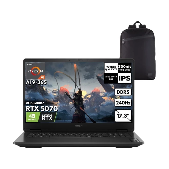 HP Omen 17-DB1020NT Ryzen Aı 9-365 64-Gbddr5 4 Tbssd RTX5070 (8gb-Gddr7) 17.3" Qhd 240Hz Freedos + Zg Sırt Çantası CD5N0EAZG10 ürün görseli 1