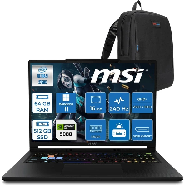 MSI Msı Raider 16 Hx B2WI-021TR Intel Ultra 9 275HX Aı 64GB Ddr5 512GB SSD 16GB/RTX5080 175W 16" QHD+(2560X1600), 240Hz IPS 100% Dcı-P3 WINDOWS11PRO Gaming Laptop MSW021TRP25+ZETTAÇANTA ürün görseli 1
