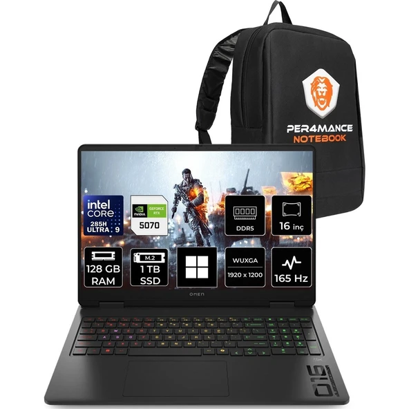 HP Omen Slim 16 Core Ultra 9 285H RTX 5070 8GB 128GB RAM 1TB SSD 16" FHD+ 165Hz Win11 Pro CD7K0EAPN448 Gaming Laptop + Per4 Çanta ürün görseli 1