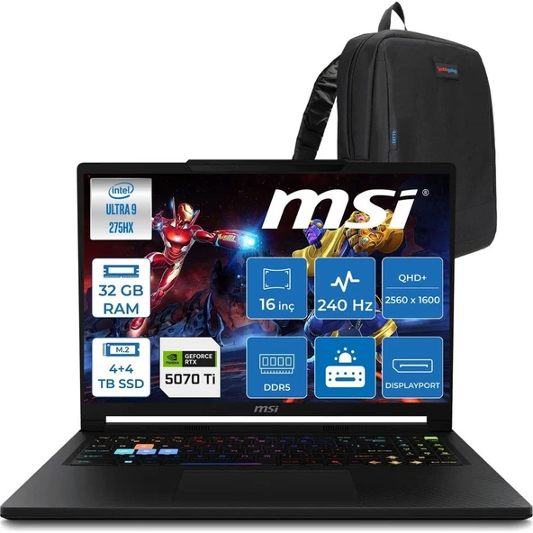 MSI Msı Raider 16 Hx B2WH-091TR Intel Ultra 9 275HX Aı 32GB Ddr5 4tb Ssd+4tb SSD 12GB/RTX5070Tİ 140W 16" QHD+(2560X1600), 240Hz IPS 100% Dcı-P3 Freedos Gaming Laptop MSW091TRF16+ZETTAÇANTA ürün görseli 1