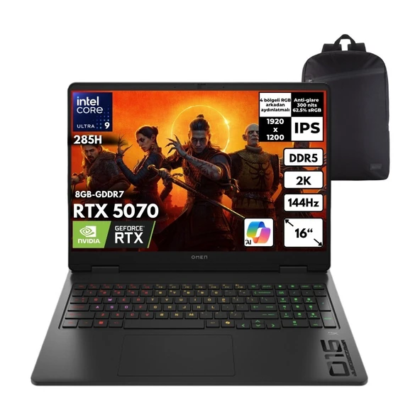 HP Omen Slim 16-AN0017NT Ultra 9-285H 40-Gbddr5 2 Tbssd RTX5070 (8gb-Gddr7) 16" 2k 144Hz Windows 11 Pro + Hmf Sırt Çantası CD7K1EAHMF20 ürün görseli 1