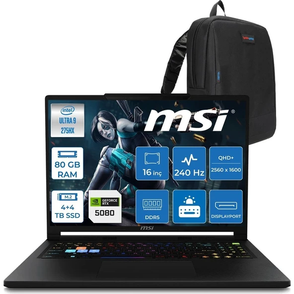 MSI Msı Raider 16 Hx B2WI-021TR Intel Ultra 9 275HX Aı 80GB Ddr5 4tb+4tb SSD 16GB/RTX5080 175W 16" QHD+(2560X1600), 240Hz IPS 100% Dcı-P3 Freedos Gaming Laptop MSW021TRF40+ZETTAÇANTA ürün görseli 1