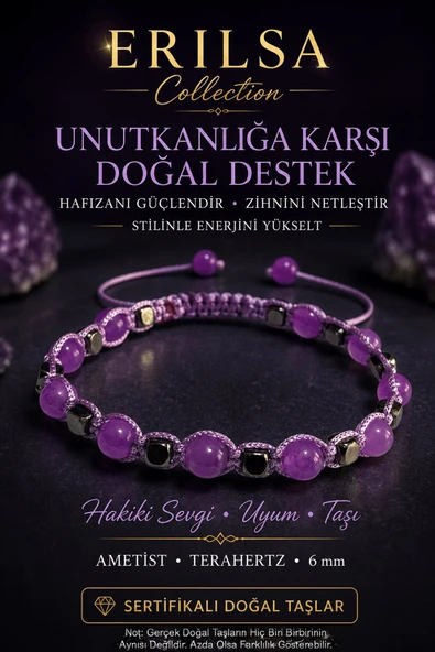 SERTİFİKALI ERILSA Ametist Terahertz Doğal Taş Bileklik 6 mm Ayarlanabilir El Yapımı Premium ürün görseli 1