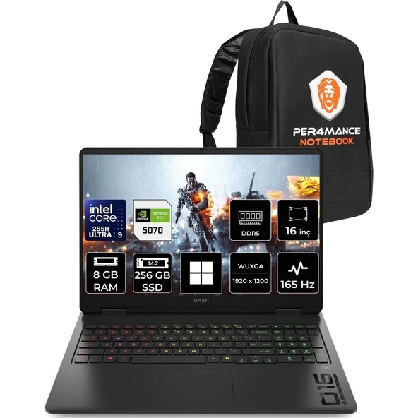 HP Omen Slim 16 Core Ultra 9 285H RTX 5070 8GB 8GB RAM 256GB SSD 16" FHD+ 165Hz Win11 Pro CD7K0EAPN401 Gaming Laptop + Per4 Çanta ürün görseli 1