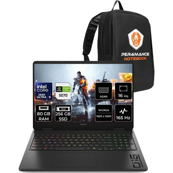 HP Omen Slim 16 Core Ultra 9 285H RTX 5070 8GB 80GB RAM 256GB SSD 16" FHD+ 165Hz FreeDOS CD7K0EAPN336 Gaming Laptop + Per4 Çanta ürün görseli 1