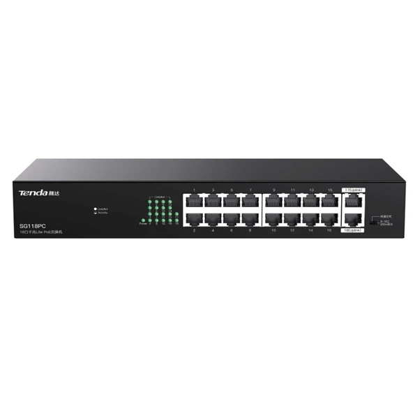 TENDA SG118PC 18 PORT 10/100/1000 16 PORT POE 2 PORT UPLINK 167W YONETILEMEZ DESKTOP SWITCH ürün görseli 1