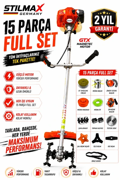 Stilmax  15IN1 Profesyonel Seri Çizilmez Piston Çok Amaçlı Benzinli Tırpan Çapalama Full Paket Seti ürün görseli 1