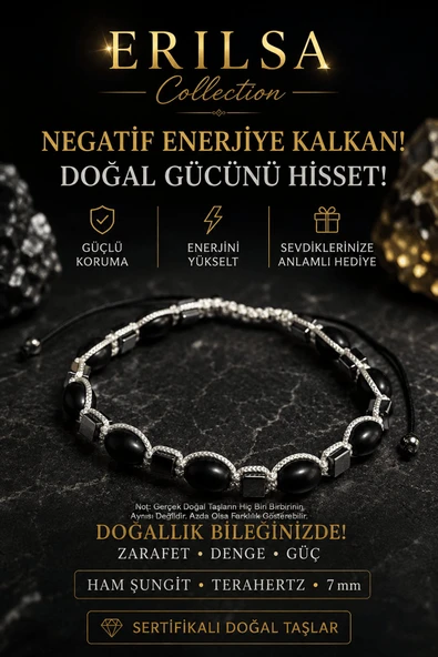 SERTİFİKALI ERILSA Ham Şungit Terahertz Doğal Taş Bileklik 7 mm Ayarlamalı Unisex Premium Tasarım ürün görseli 1