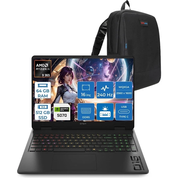 HP Omen Amd Ryzen™ Aı 9 365 Ddr5 64GB 512GB SSD 16INÇ Wqxga (2560 x 1600), 240 Hz, 3 Ms 500NİTS IPS Freedos Gaming Laptop C52QZEAF25+ZETTAÇANTA ürün görseli 1