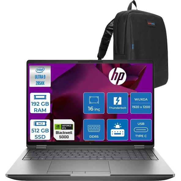 HP Zbook Fury G1I Intel Ultra 9 285HX Ddr5 192GB 512GB SSD 24GB/RTXPRO5000 Wuxga 400NITWi-Fi 7+Bt 5.4 Windows 11 Pro Aı Iş Istasyonu 5F9T8ESP45 + Zettaçanta ürün görseli 1
