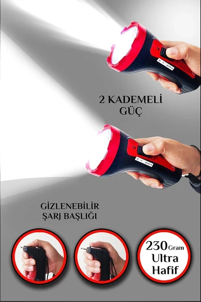 Şarjlı 10w Projektör Led El Feneri 2 Mod Aydınlatmalı Uzun Menzil Güvenlik Bekçi Polis Feneri Işıldak ürün görseli 1