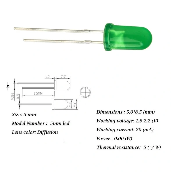 5mm Led Yeşil Diyot Diffused 1 Adet - Resim 3